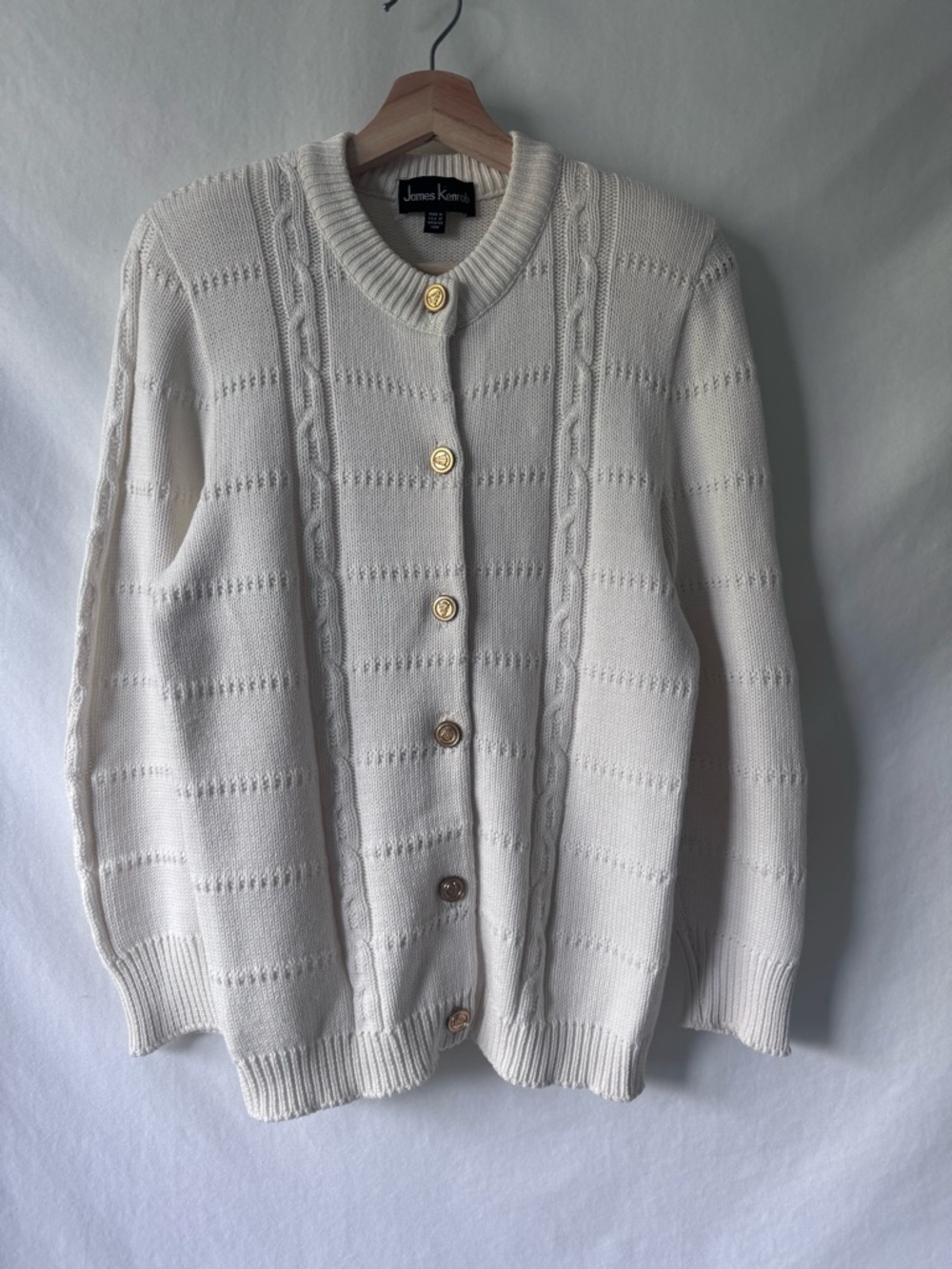 Vintage 90s Cream Cotton Cardigan Gold Crest Buttons USA S - Picture 2 of 13